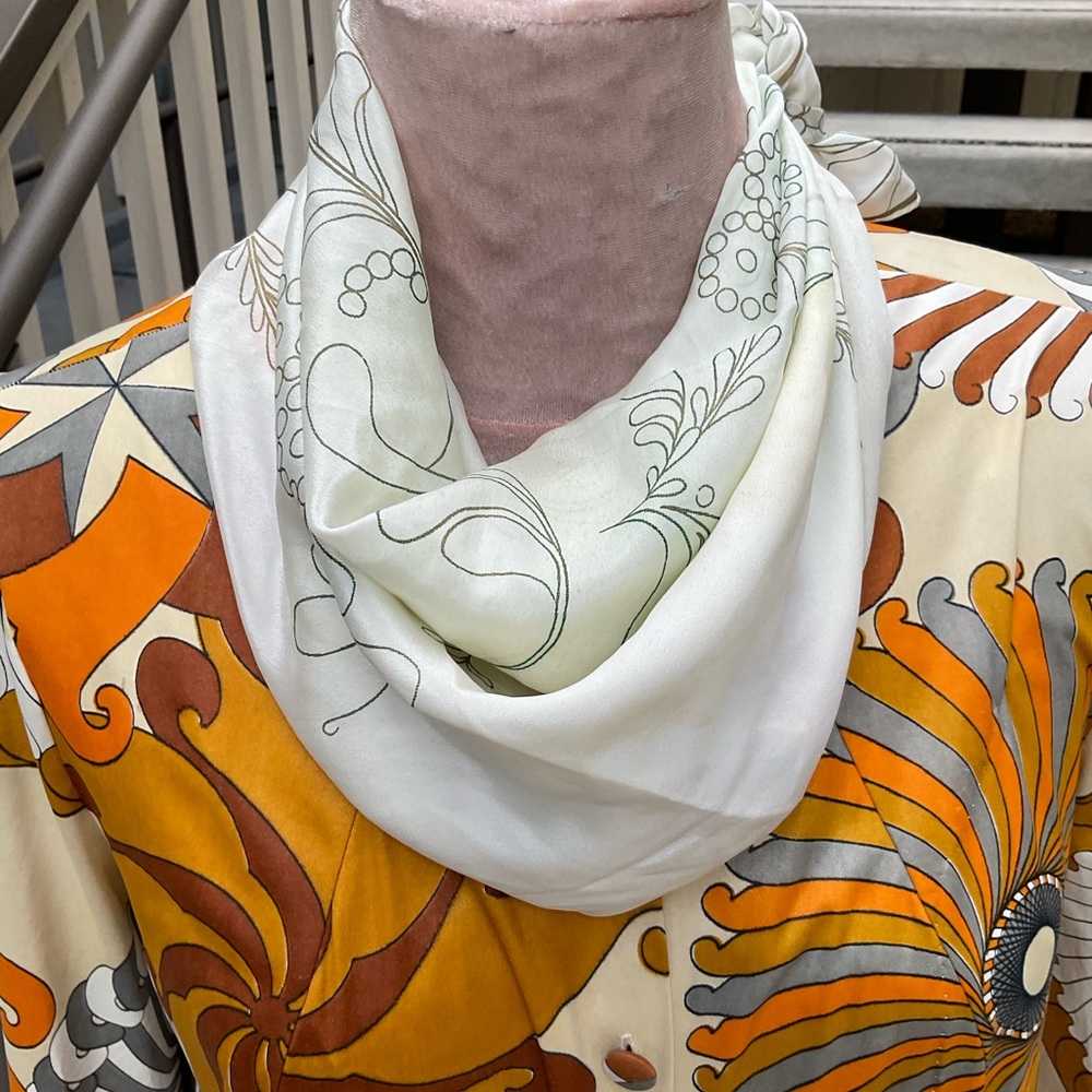 Vintage Anne Klein signed off white silk 26” square scarf
